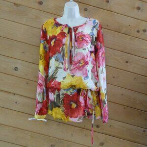Shan 100% Linen Pink Yellow Floral Keyhole Long Sleeve Elastic Tunic Shirt Top 8